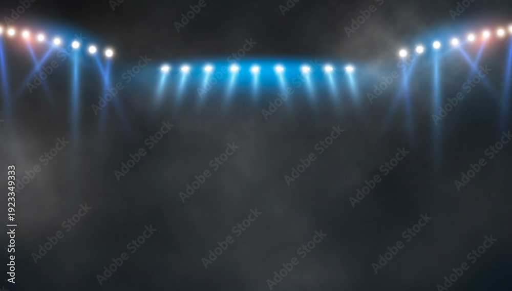 Naklejka premium Bright stadium arena lights .stadium lights and smoke against dark night. 