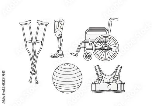 Modern Medical Mobility Aids and Prosthetic Limb for Physical Rehabilitation and Healthcare Assistance Devices Collection Representing Independence