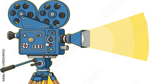 Vintage film camera illustration, tripod mounted design, classic movie equipment artwork, filmmaking concept, retro cinema vector graphic projection style