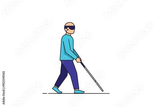 Person walks with aid and eye covering symbolizing vision impairment and walking stick assistance for mobility and independence concept