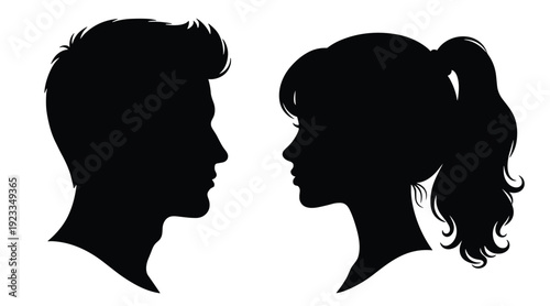 Man and Woman Face Profile Silhouette Vector Illustration of Couple Looking at Each Other Isolated on White Background for Relationship and Identity Concept
