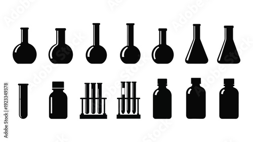 A collection of laboratory equipment silhouettes isolated on white background, Vector