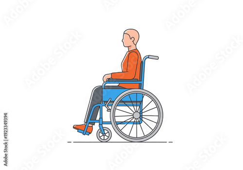 Person sitting in a blue wheelchair viewed from the side for concepts of mobility and accessibility on a white background