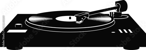 Black silhouette of aDJ turntable with a vinyl record and tonearm Keywords: turntable, record player, vinyl, record, music, D