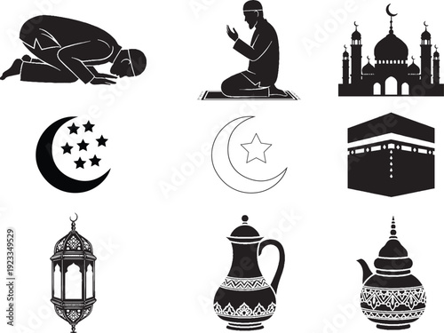 Islamic cultural icons collection mosque prayer beads moon star  jar  lantern icon kaaba and people praying silhouette set vector