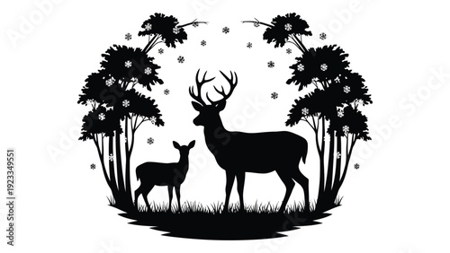 A deer and a fawn in a forest surrounded by trees isolated on white background, Vector