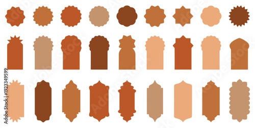 Ornate Terracotta Label and Sunburst Badge Vector Illustration with Islamic Architecture Arch Shapes Isolated on White Background for Decorative Design Concept