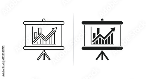 Set of business presentation screen icons featuring a bar chart and upward growth arrow in outline and solid styles for financial reports and corporate data analysis