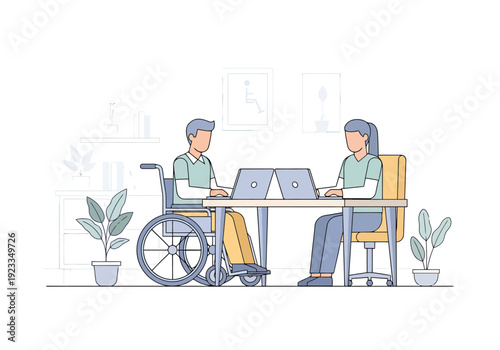 Diverse colleagues collaborate on laptops at a shared workspace promoting inclusivity and teamwork in a modern office environment