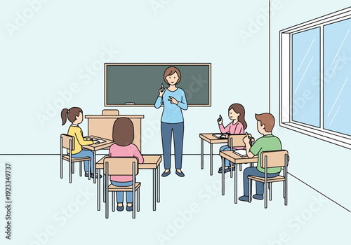 Teacher Instructing Students in a Classroom Setting with Desks and Window View Providing Natural Light Educational Environment
