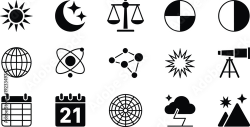 Universal icon set collection, black flat symbols, science weather time justice astronomy calendar network globe vector design pack, minimal, UI