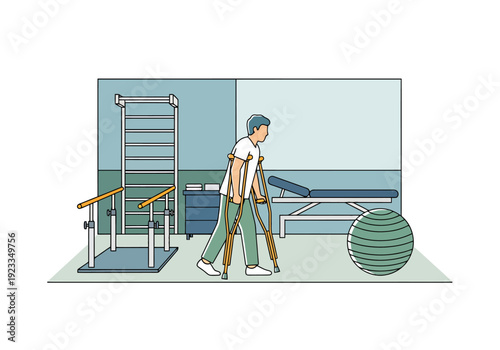 Patient with crutches walking in rehabilitation therapy room with exercise equipment and treatment table for recovery and physical movement