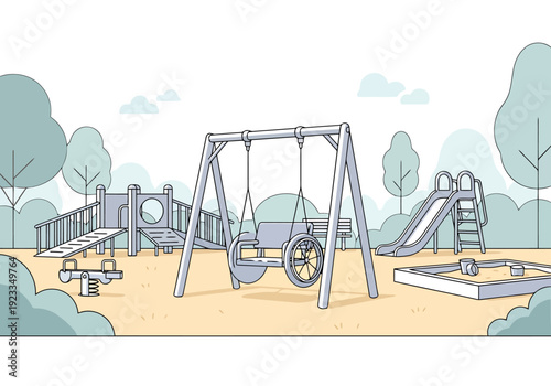 Brightly lit outdoor recreational area featuring a swing set slide and sandbox for children s enjoyment and play