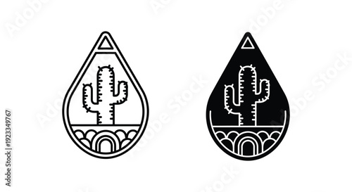 Minimalist cactus desert landscape icons in teardrop shapes representing water conservation and environmental sustainability for modern branding and eco-friendly design.