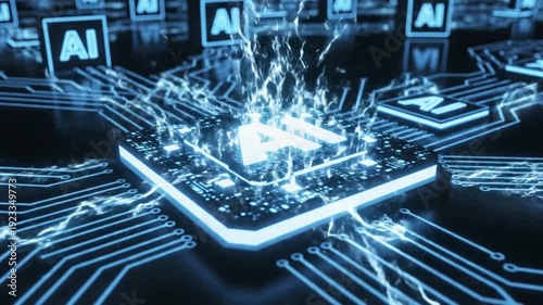 Close-up of glowing AI agent microchip on circuit board with digital neon elements. Studio conceptual image of artificial intelligence processor and advanced computing technology. AI systems and machi