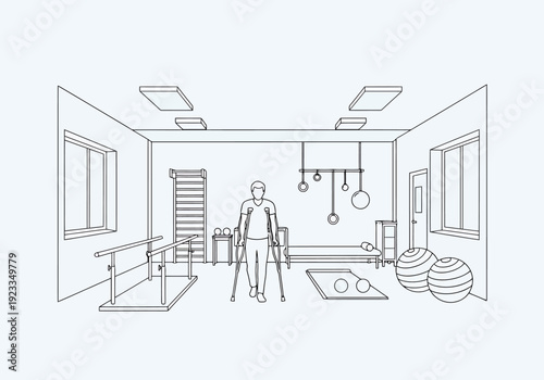 Rehabilitation gym with person using crutches and exercise equipment for recovery and physical therapy movements
