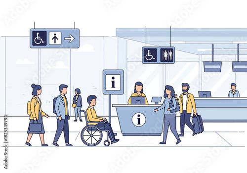 Diverse travelers including a person in a wheelchair receive assistance at an airport information desk with clear signage for accessibility and