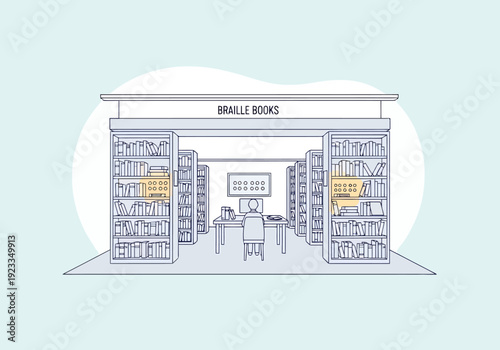 Diverse individuals accessing information at a specialized library dedicated to reading materials for the visually impaired
