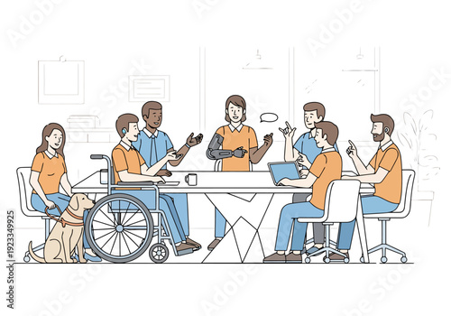 Diverse group of people with disabilities and assistance animal collaborating in modern office meeting setting discussing ideas at table with laptop