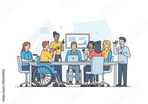 Diverse team collaborates around a conference table in a modern office setting including a person using a wheelchair and a presenter discussing a