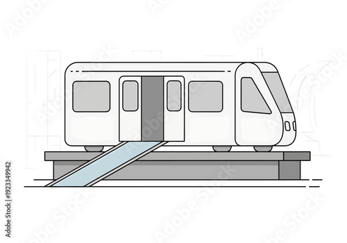 Modern passenger train at station platform with open doors and ramp access for accessibility and urban public transportation concept