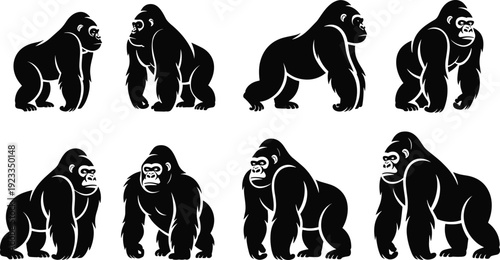 Gorilla silhouette collection, powerful primate poses, black wildlife animal icons, jungle fauna vector illustration set isolated, flat, design, modern, graphic