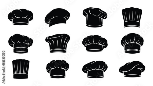 A collection of black chef hat silhouettes on a white background isolated on white background, Vector