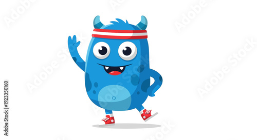 Cute Blue Monster Character Waving and Jogging with Red Headband and Sneakers