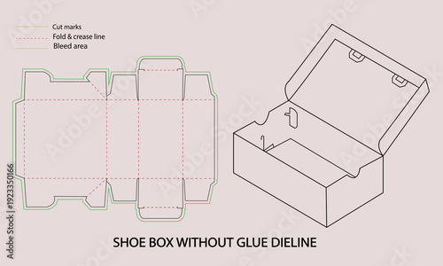 Shoe box without glue dieline template for packaging design and printing  shoebox