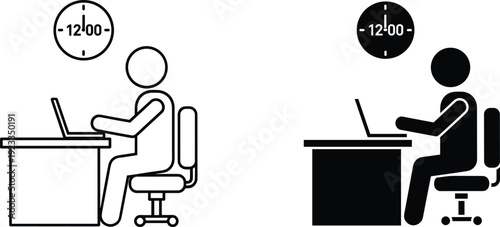 Person working on laptop with clock at twelve o'clock, time management icon, deadline concept, remote work silhouette and outline vector.