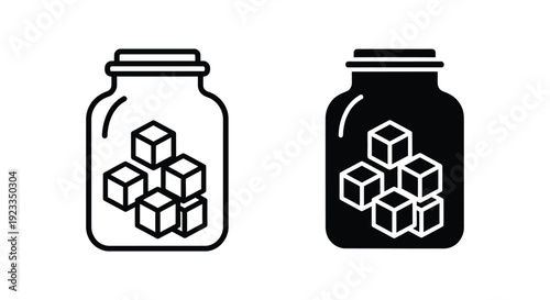 Minimalist vector icons of glass jars filled with sugar cubes in outline and solid styles for kitchen storage and food organization concepts.
