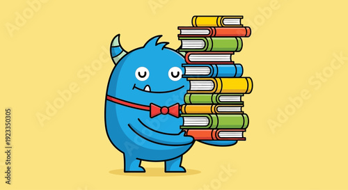 Cute blue monster holding a stack of colorful books, education, reading, knowledge, back to school concept