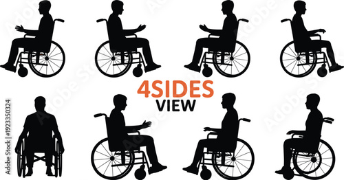 Black silhouettes of people in wheelchairs with text "4SIDESVIEW person disability
