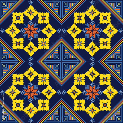 Seamless ethnic geometric pattern inspired by traditional Hmong textile art. Bold blue background with yellow floral motifs and red star center, arranged in symmetrical diamond composition. Ideal for 