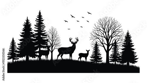 A black silhouette of deer and trees with birds flying overhead isolated on white background, Vector