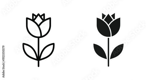 Minimalist tulip flower icons featuring both outline and solid silhouette styles, perfect for spring branding, gardening apps, and floral graphic design projects