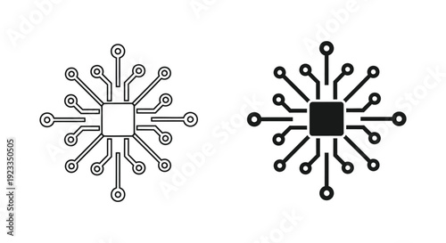 Minimalist CPU microchip and processor icons with radiating circuit lines for technology, artificial intelligence, and digital hardware engineering concepts