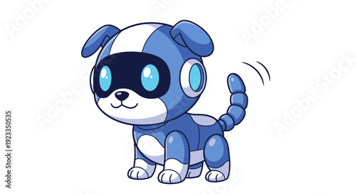 Cute blue robot dog with big eyes, wagging tail, futuristic pet, cartoon style