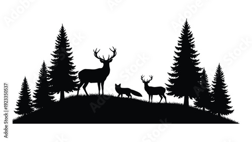 A black silhouette of deer and trees on a hill isolated on white background, Vector