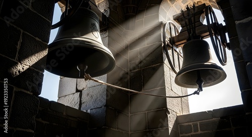 Large historic church bells hang inside a stone tower with bright sunlight streaming through openings.