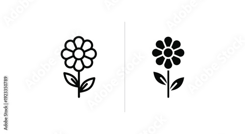 Minimalist daisy flower icon set in outline and solid silhouette styles for nature-inspired branding, web interface design, and floral graphic elements
