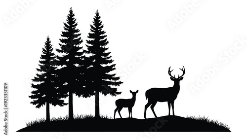 A deer and a fawn standing next to pine trees isolated on white background, Vector