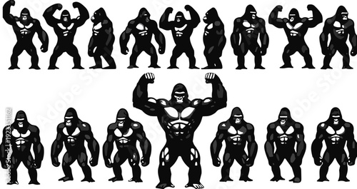 Gorilla muscle silhouettes vector set, powerful bodybuilder ape characters, strong flexing poses collection isolated on white background illustration
