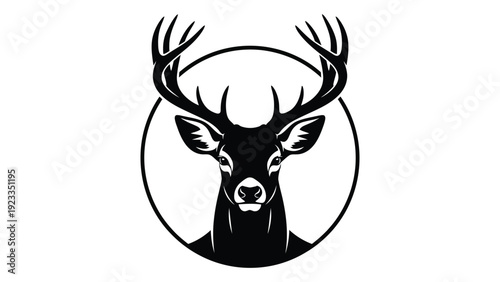 A black and white image of a deer head with antlers isolated on white background, Vector