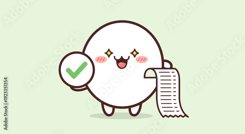 Cute cartoon character holding a checkmark and receipt, representing success, approval, and shopping.