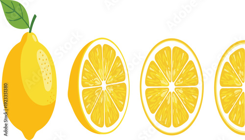Whole lemon with leaf and sliced segments, juicy yellow fruit illustration, citrus vector, fresh food concept, healthy eating design