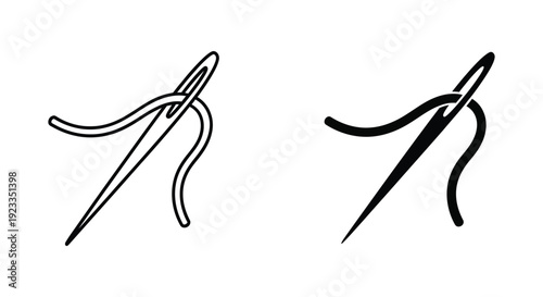 Minimalist sewing needle and thread icons in outline and solid silhouette styles for tailoring, fashion design, and DIY craft projects