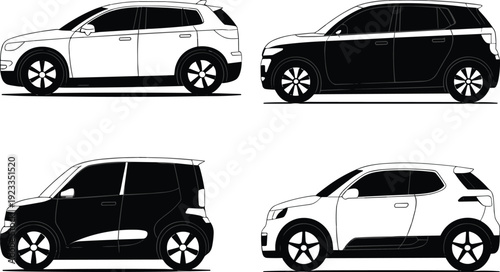 Set of four black and white car silhouettes showing side views of various modern hatchback and suv models for automotive design