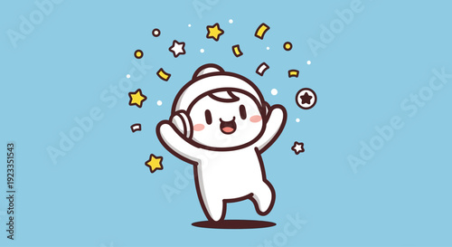 Cute cartoon character with headphones dancing and celebrating with confetti and stars