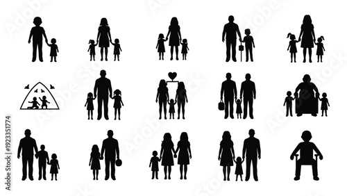 A collection of black silhouettes representing various family structures isolated on white background, Vector